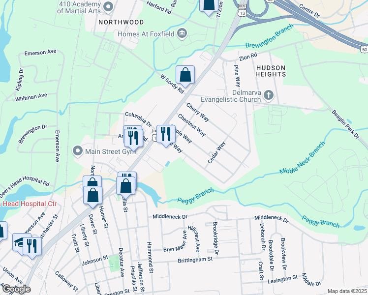 map of restaurants, bars, coffee shops, grocery stores, and more near 217 Pine Way in Salisbury