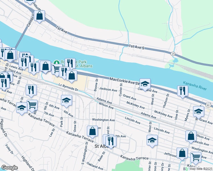 map of restaurants, bars, coffee shops, grocery stores, and more near 3117 Carson Street in Saint Albans