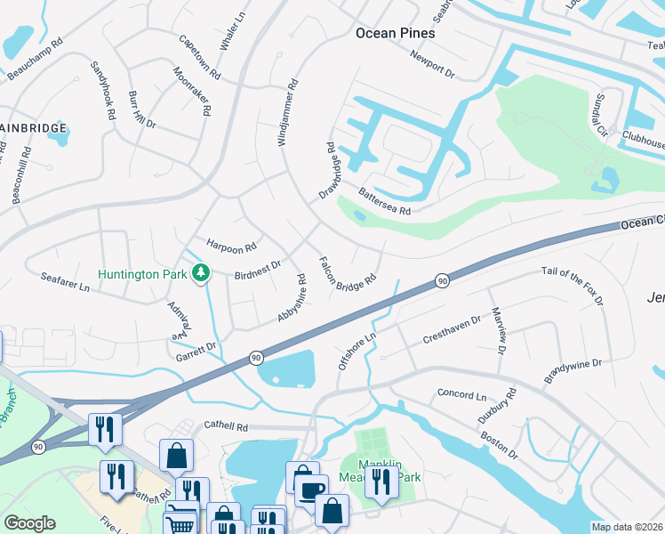 map of restaurants, bars, coffee shops, grocery stores, and more near 39 Falcon Bridge Road in Ocean Pines
