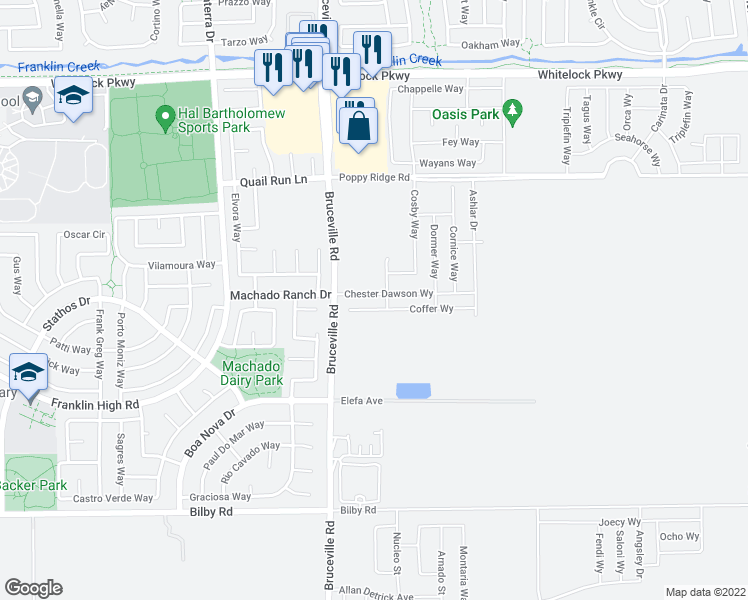 map of restaurants, bars, coffee shops, grocery stores, and more near 10165-10231 Bruceville Road in Elk Grove