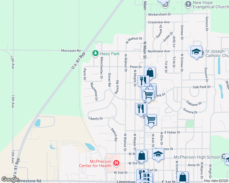 map of restaurants, bars, coffee shops, grocery stores, and more near 1401 Ranch Road in McPherson