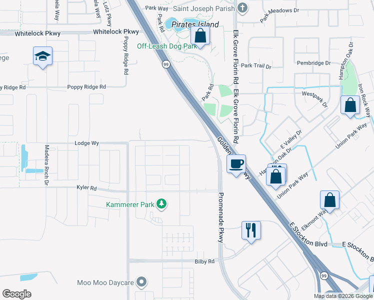 map of restaurants, bars, coffee shops, grocery stores, and more near 10340 Charles Morris Way in Elk Grove