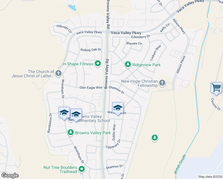 map of restaurants, bars, coffee shops, grocery stores, and more near 417 Limerick Way in Vacaville