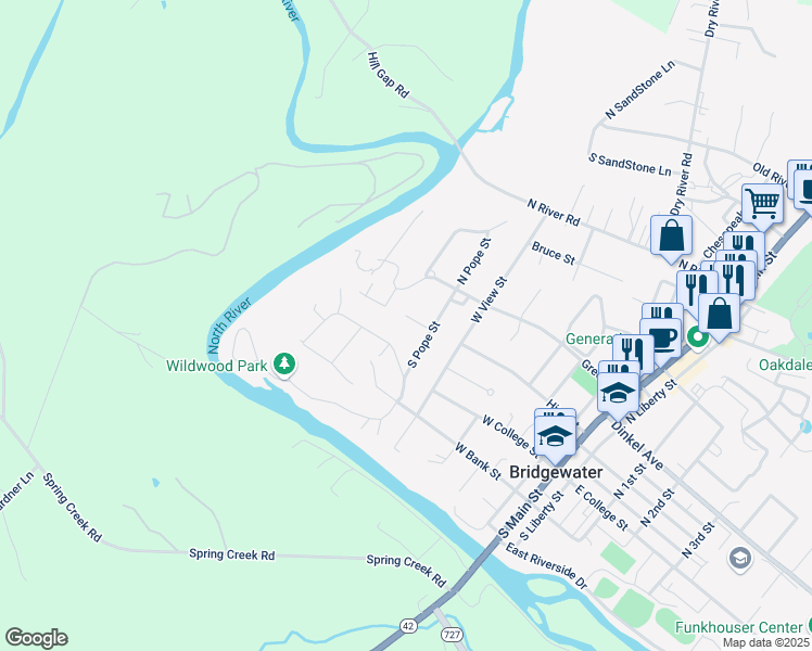 map of restaurants, bars, coffee shops, grocery stores, and more near 101 Round Hill Drive in Bridgewater