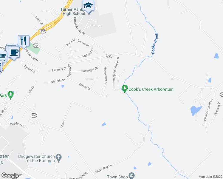 map of restaurants, bars, coffee shops, grocery stores, and more near 208 Weeping Willow Ln in Bridgewater