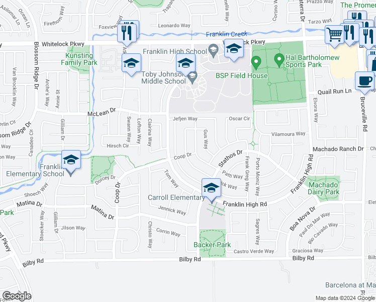 map of restaurants, bars, coffee shops, grocery stores, and more near 6101 Coop Drive in Elk Grove