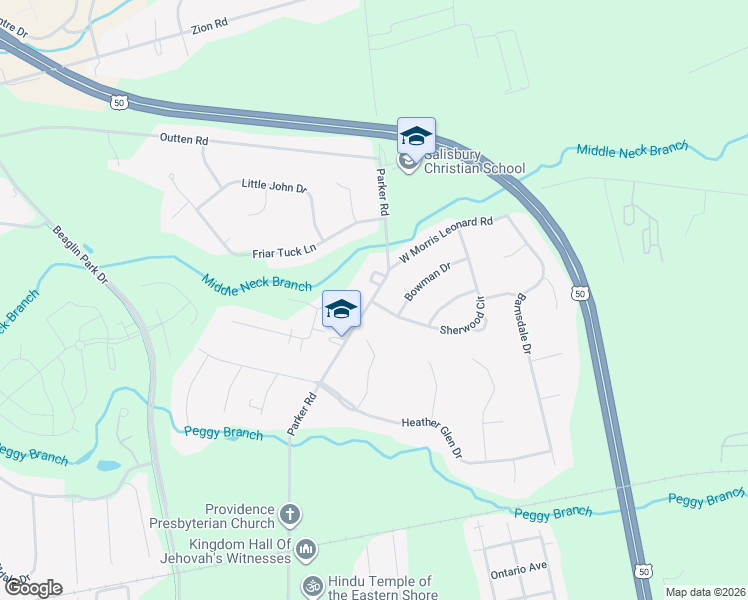 map of restaurants, bars, coffee shops, grocery stores, and more near 603 Parker Road in Salisbury