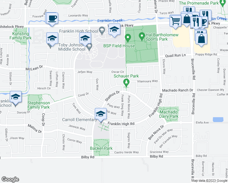 map of restaurants, bars, coffee shops, grocery stores, and more near 10216 Stathos Drive in Elk Grove