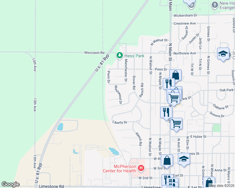map of restaurants, bars, coffee shops, grocery stores, and more near 1419 Westwood Dr in McPherson