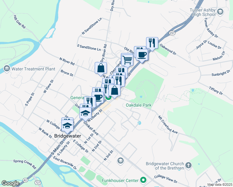 map of restaurants, bars, coffee shops, grocery stores, and more near 93 Mount Crawford Avenue in Bridgewater