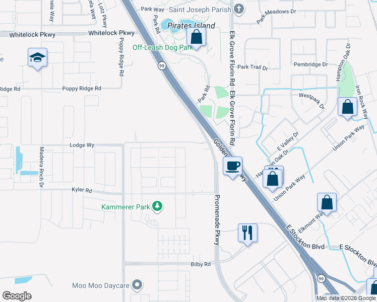 map of restaurants, bars, coffee shops, grocery stores, and more near 10340 Charles Morris Way in Elk Grove