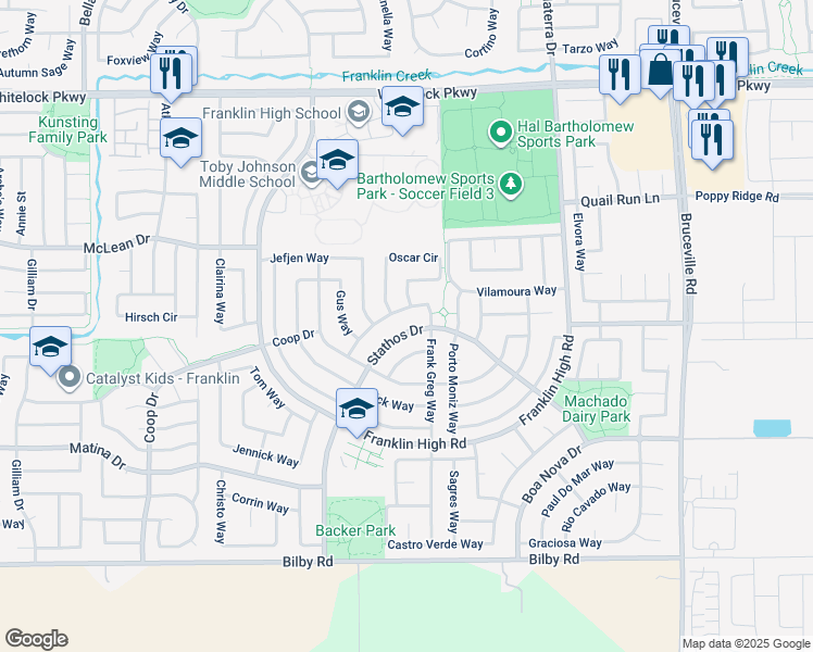 map of restaurants, bars, coffee shops, grocery stores, and more near 10212 Stathos Drive in Elk Grove