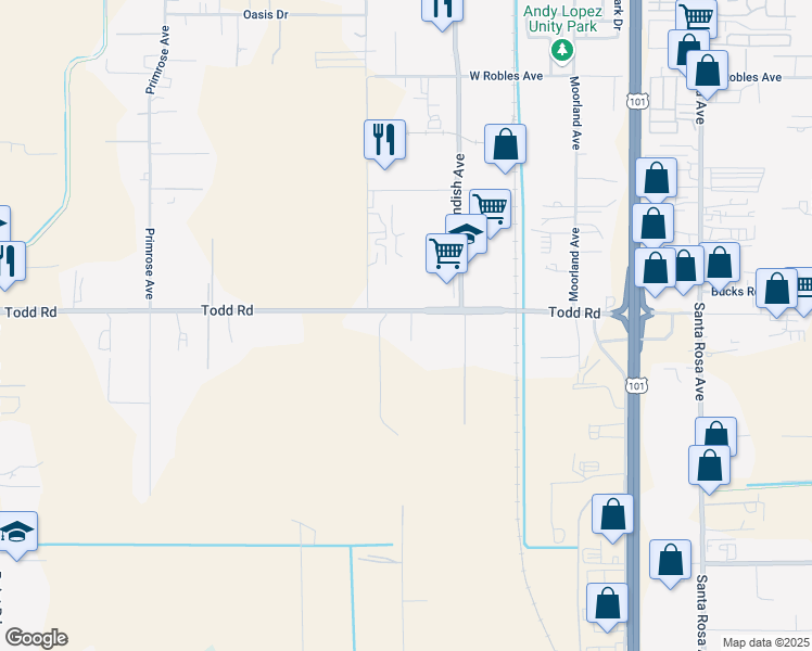 map of restaurants, bars, coffee shops, grocery stores, and more near 332 Todd Road in Santa Rosa