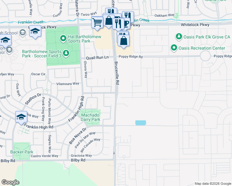 map of restaurants, bars, coffee shops, grocery stores, and more near 10165 Bruceville Road in Elk Grove