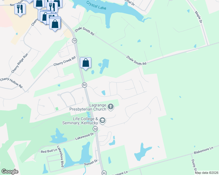map of restaurants, bars, coffee shops, grocery stores, and more near 1909 Cherry Glen Drive in La Grange