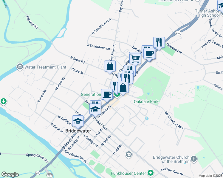 map of restaurants, bars, coffee shops, grocery stores, and more near 420 North Grove Street in Bridgewater