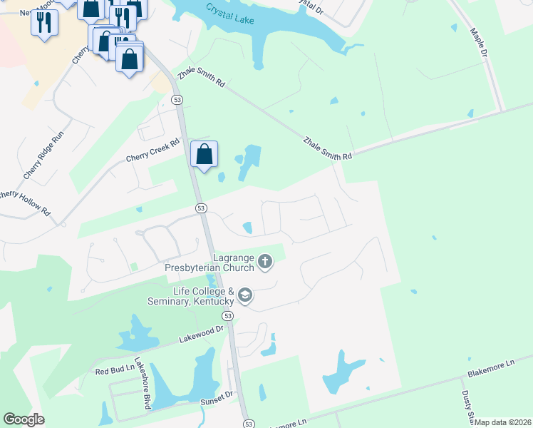 map of restaurants, bars, coffee shops, grocery stores, and more near 1909 Cherry Glen Drive in La Grange