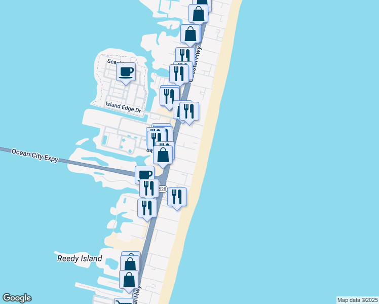 map of restaurants, bars, coffee shops, grocery stores, and more near 6 64th Street in Ocean City