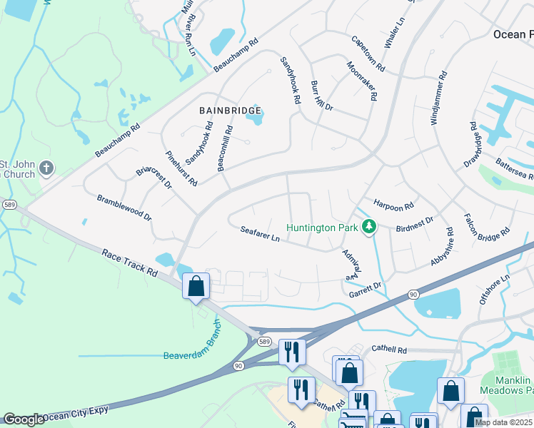 map of restaurants, bars, coffee shops, grocery stores, and more near 6 Yeoman Court in Ocean Pines