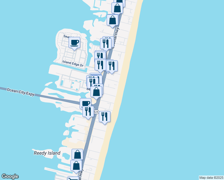 map of restaurants, bars, coffee shops, grocery stores, and more near 5 65th Street in Ocean City