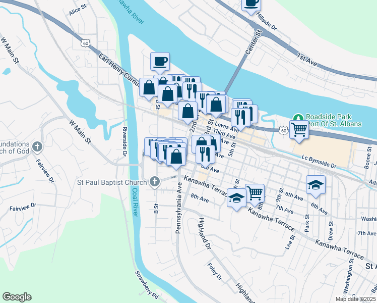 map of restaurants, bars, coffee shops, grocery stores, and more near 218 6th Avenue in Saint Albans