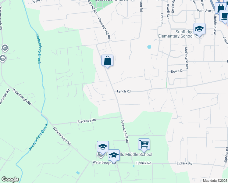 map of restaurants, bars, coffee shops, grocery stores, and more near Pleasant Hill Rd & Lynch Rd in Sebastopol