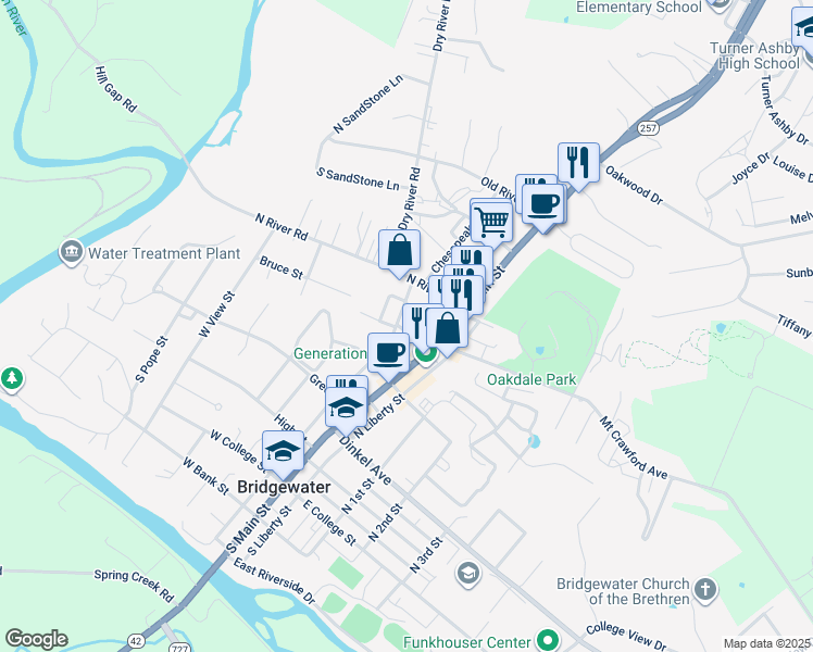 map of restaurants, bars, coffee shops, grocery stores, and more near 420 North Grove Street in Bridgewater