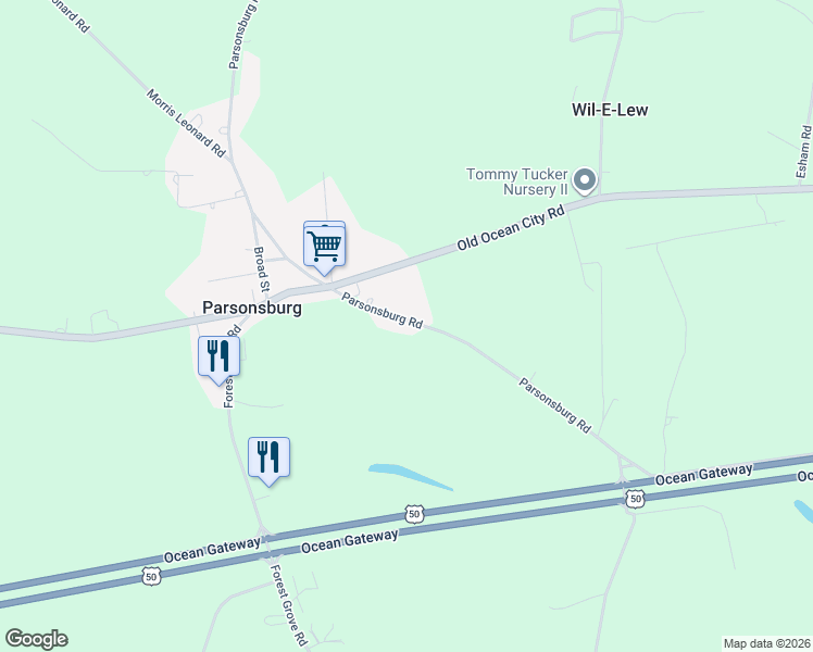map of restaurants, bars, coffee shops, grocery stores, and more near 7130 Parsonsburg Road in Parsonsburg