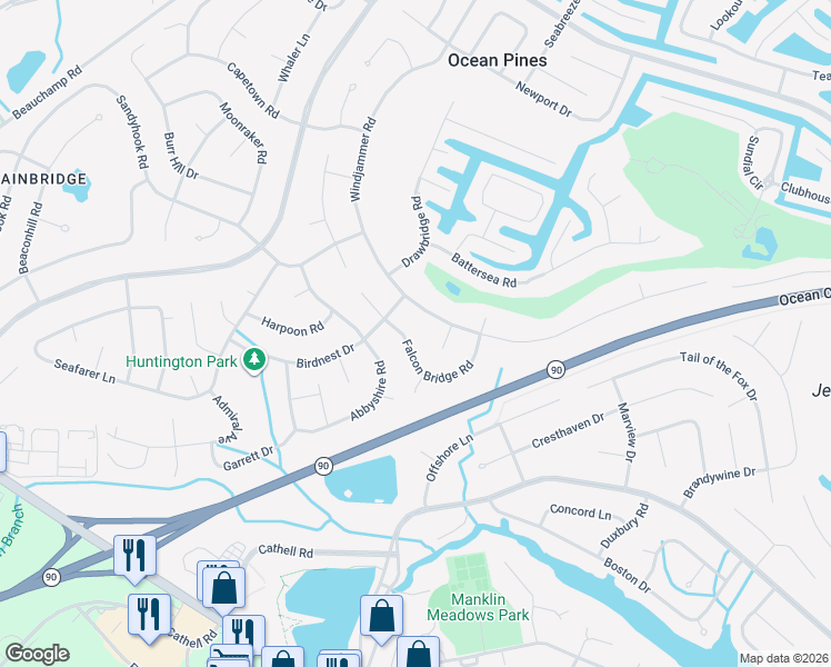 map of restaurants, bars, coffee shops, grocery stores, and more near 39 Falcon Bridge Road in Ocean Pines