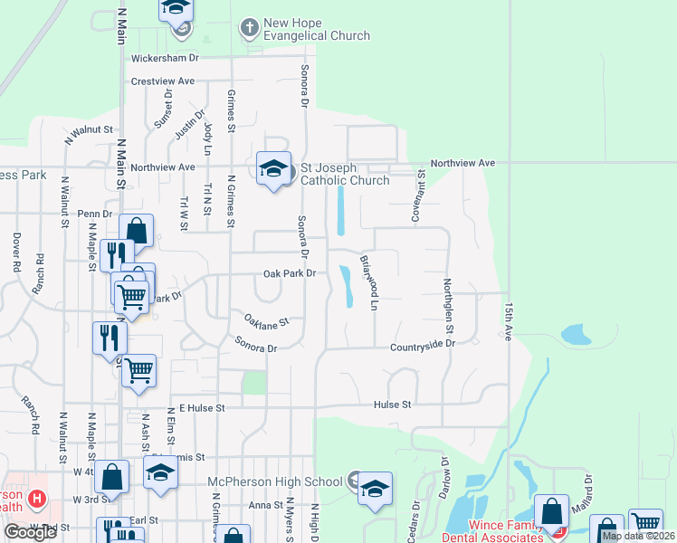 map of restaurants, bars, coffee shops, grocery stores, and more near in McPherson