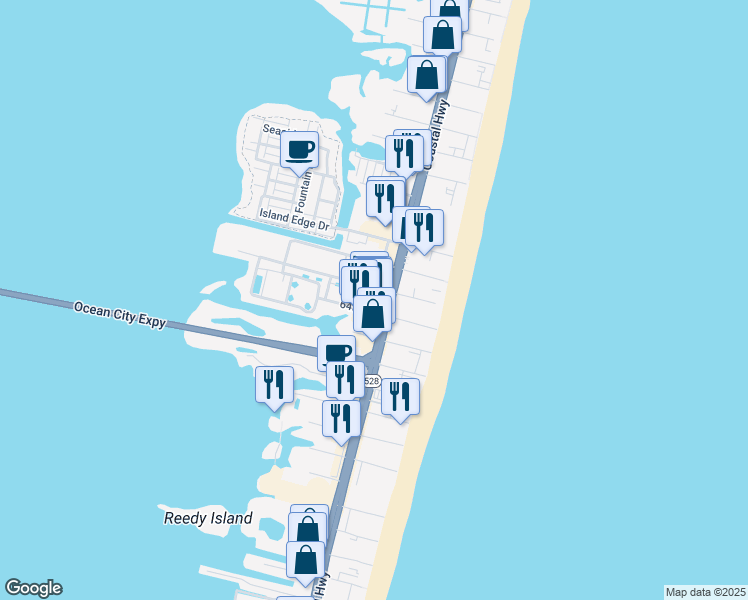 map of restaurants, bars, coffee shops, grocery stores, and more near 6405 Coastal Highway in Ocean City