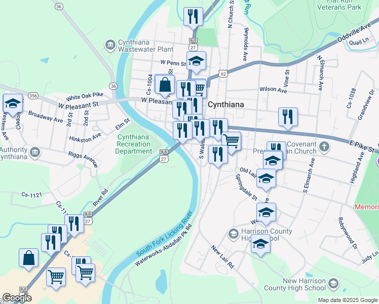 map of restaurants, bars, coffee shops, grocery stores, and more near 109 McIlvain Boulevard in Cynthiana