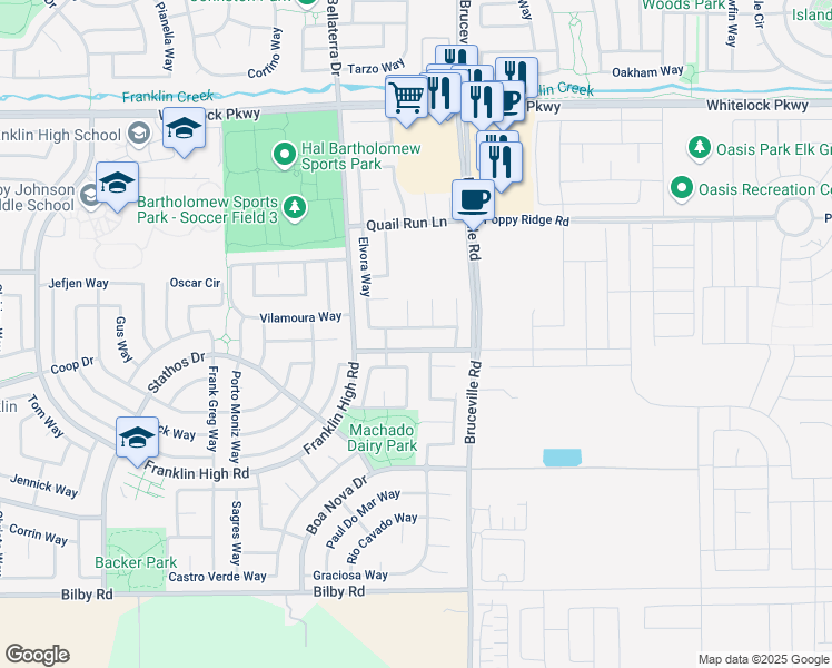 map of restaurants, bars, coffee shops, grocery stores, and more near 7120 Elvora Way in Elk Grove