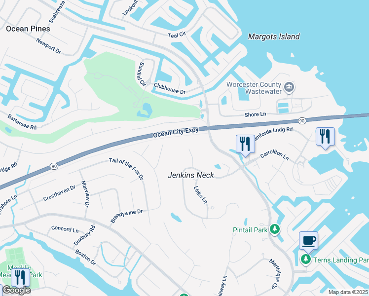map of restaurants, bars, coffee shops, grocery stores, and more near 13 Dog Leg Court in Ocean Pines