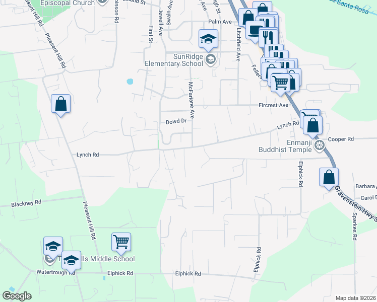 map of restaurants, bars, coffee shops, grocery stores, and more near 7501 Lynch Road in Sebastopol