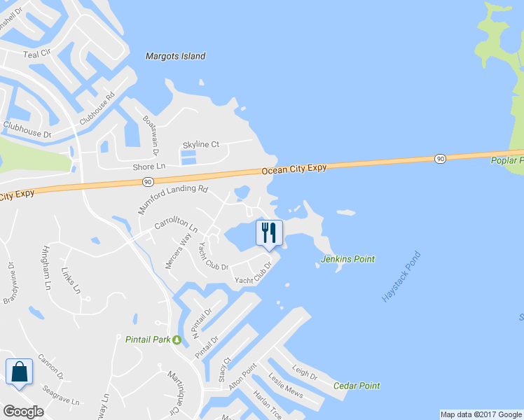 map of restaurants, bars, coffee shops, grocery stores, and more near 18 Fishing Creek Lane in Ocean Pines
