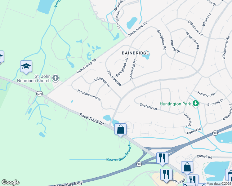 map of restaurants, bars, coffee shops, grocery stores, and more near 75 Pinehurst Road in Ocean Pines