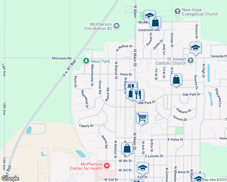map of restaurants, bars, coffee shops, grocery stores, and more near 1457-1463 North Walnut Street in McPherson