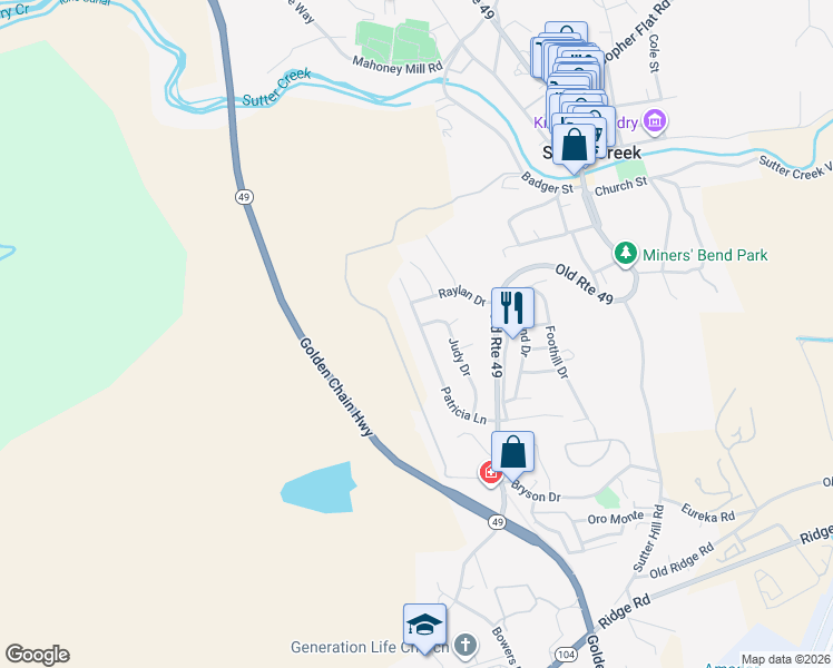map of restaurants, bars, coffee shops, grocery stores, and more near 130 Judy Drive in Sutter Creek