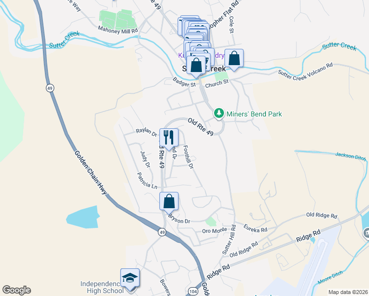 map of restaurants, bars, coffee shops, grocery stores, and more near 154 Foothill Drive in Sutter Creek