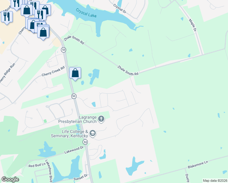 map of restaurants, bars, coffee shops, grocery stores, and more near 53 South Highway in La Grange