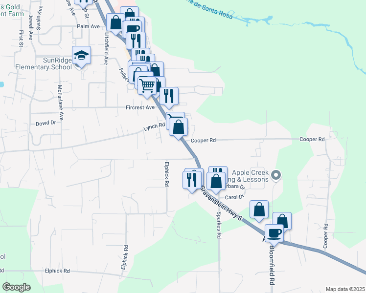 map of restaurants, bars, coffee shops, grocery stores, and more near 1190 Gravenstein Highway South in Sebastopol