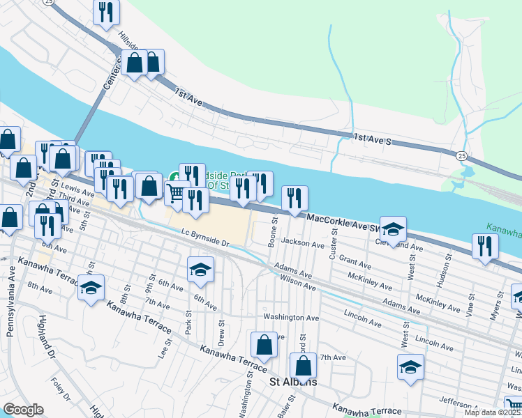 map of restaurants, bars, coffee shops, grocery stores, and more near 1367 Maccorkle Avenue in Saint Albans