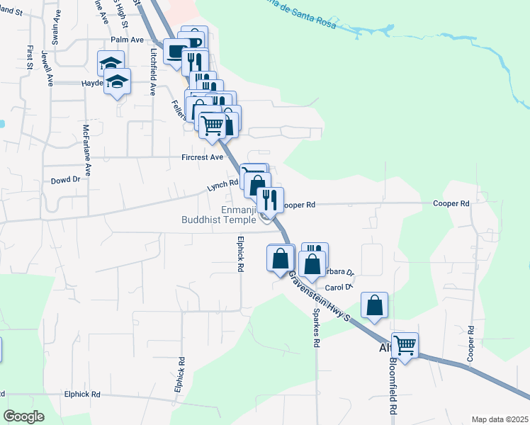map of restaurants, bars, coffee shops, grocery stores, and more near 1190a Gravenstein Highway South in Sebastopol