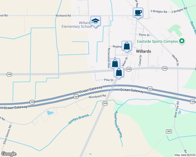map of restaurants, bars, coffee shops, grocery stores, and more near 36240 Pine Street in Willards