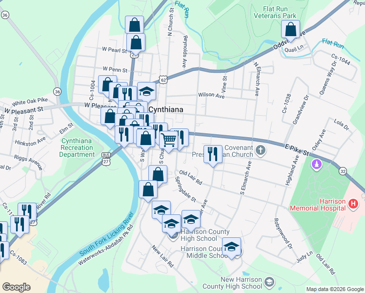 map of restaurants, bars, coffee shops, grocery stores, and more near 106 Clifton Road in Cynthiana