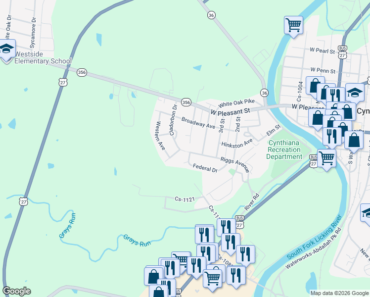 map of restaurants, bars, coffee shops, grocery stores, and more near 224 Cladorbon Drive in Cynthiana