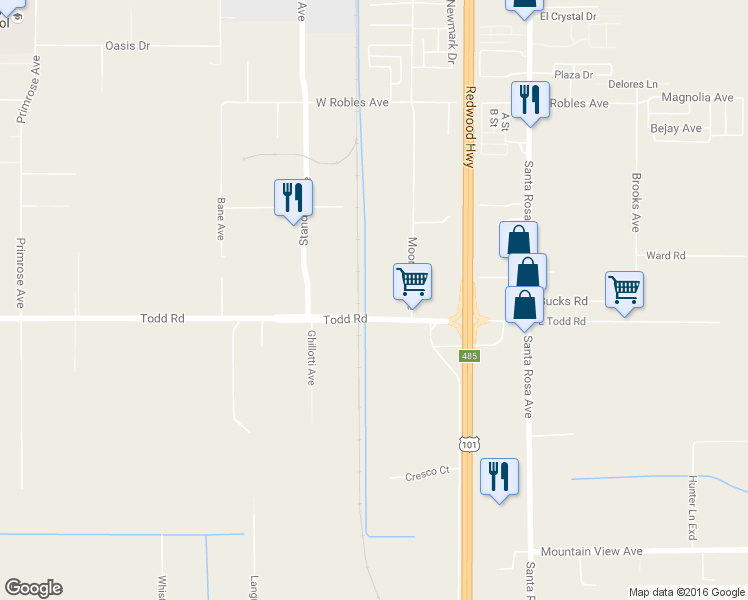 map of restaurants, bars, coffee shops, grocery stores, and more near 3669 Moorland Avenue in Santa Rosa