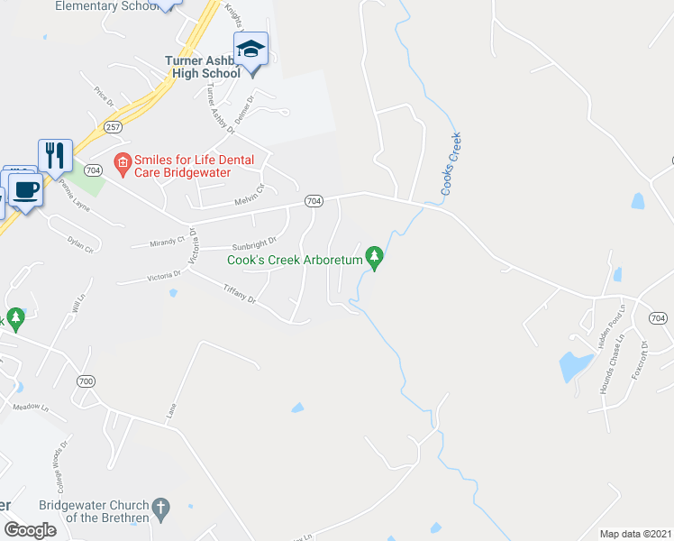 map of restaurants, bars, coffee shops, grocery stores, and more near 201 Weeping Willow Lane in Bridgewater