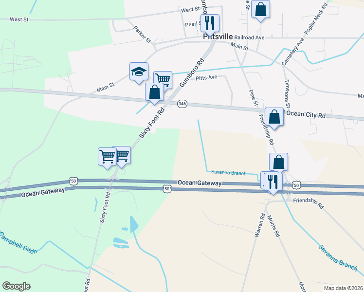 map of restaurants, bars, coffee shops, grocery stores, and more near 7235 Sixty Foot Road in Pittsville